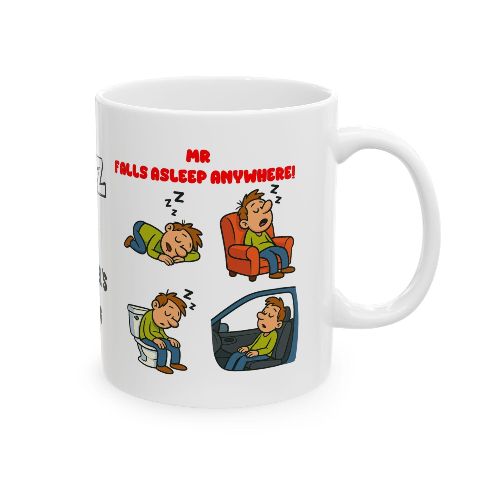 Mr Falls Asleep Anywhere, mug, personalised, fun, man, gift, sleepy