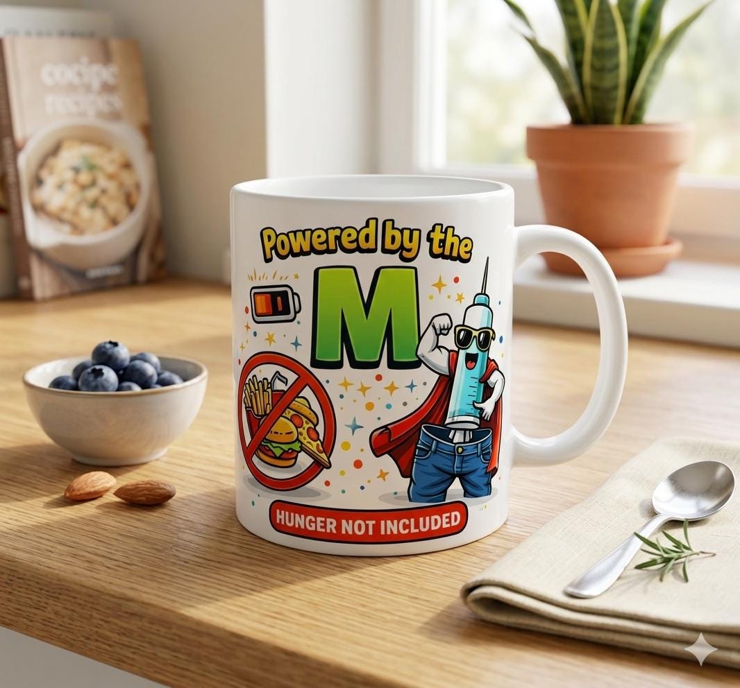 Personalised Funny Weight Loss Jab Mug, Powered By The M, 11oz Ceramic Cup