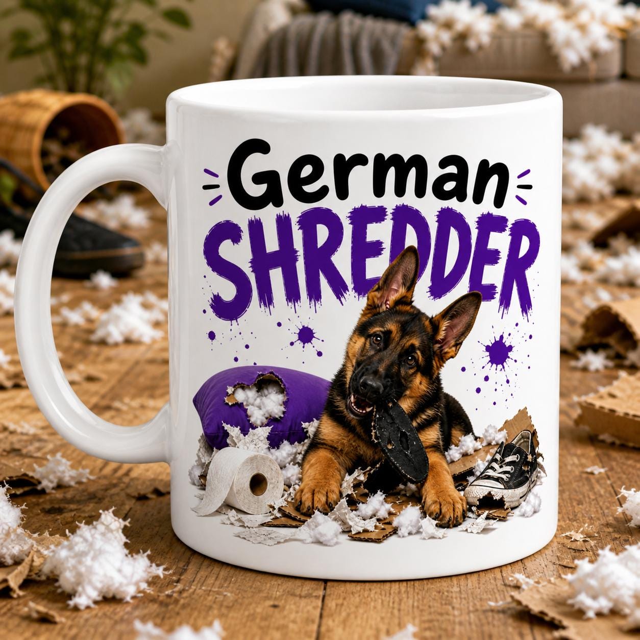 German shredder mug, funny dog mug, naughty dog, German shepherd, 11oz.