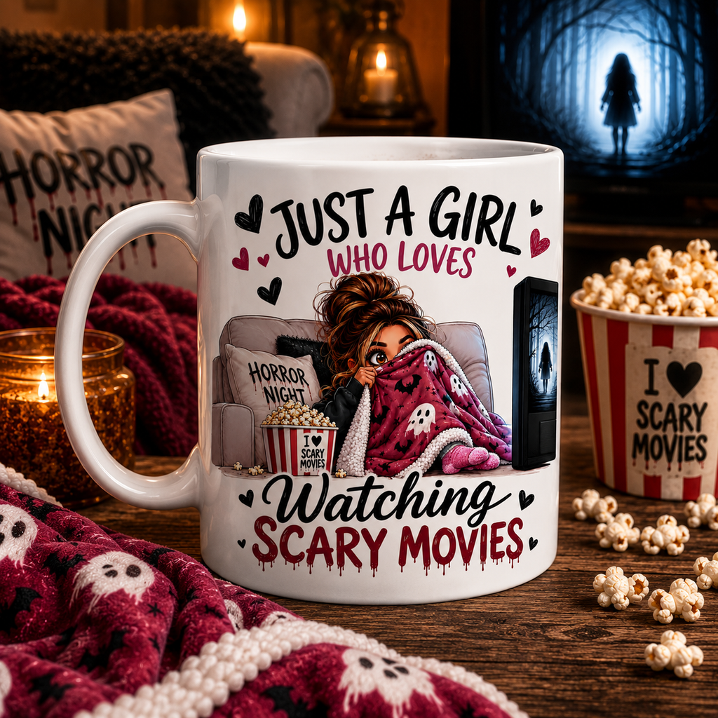 Personalised Just a girl who loves watching scary movies, scary film, 11oz mug, horror coffee mug.