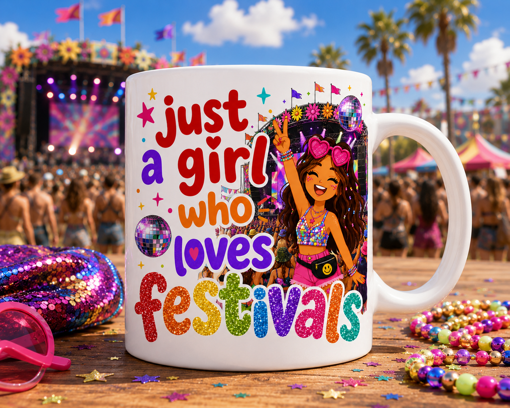 Just A Girl Who Loves Festivals Mug – Blonde or Brown Hair Option – Festival Lover Gift – Colourful Glitter Style Coffee Mug – Music Festival Cup, 11oz