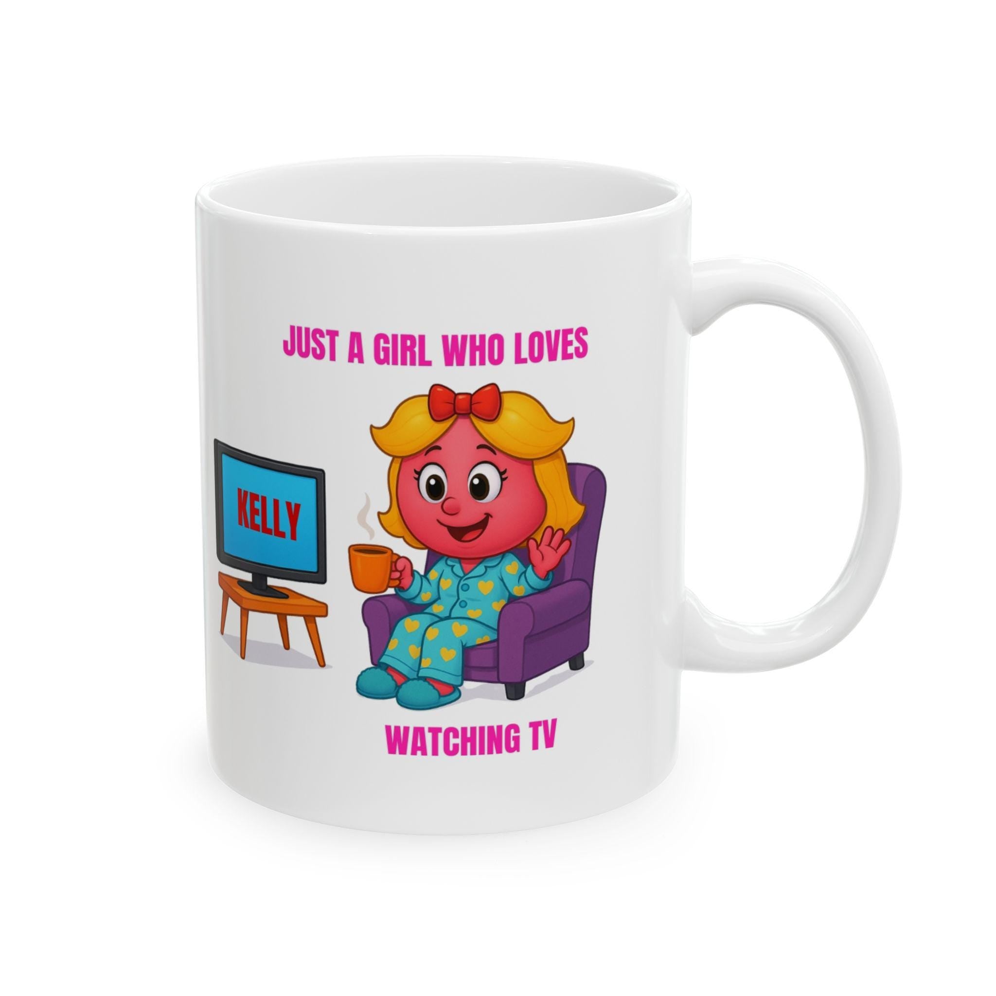 Personalised TV Watching Mug, Cartoon Girl Gift