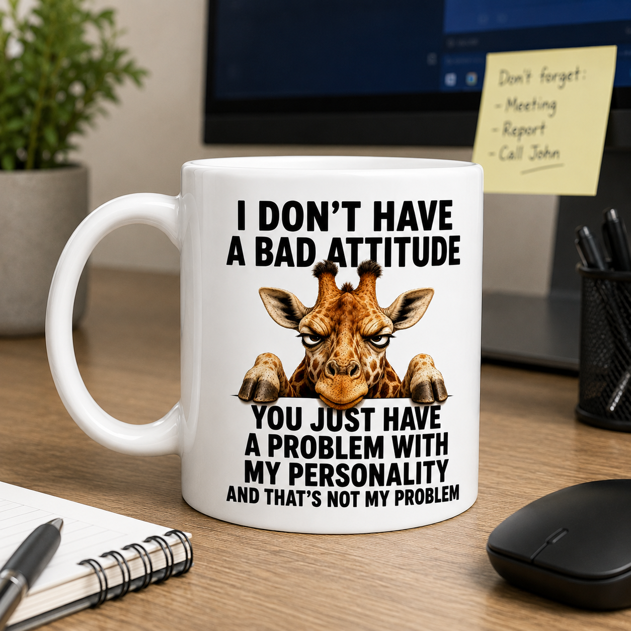 Grumpy Giraffe funny coffee mug, i don't have a bad attitude, double sided mug, 11oz.