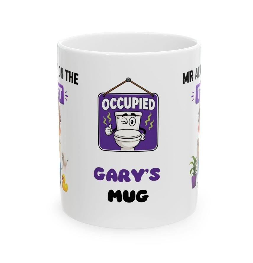 Mr always on the toilet, bald mug, personalised, gift, cute, fun, toilet, W\C