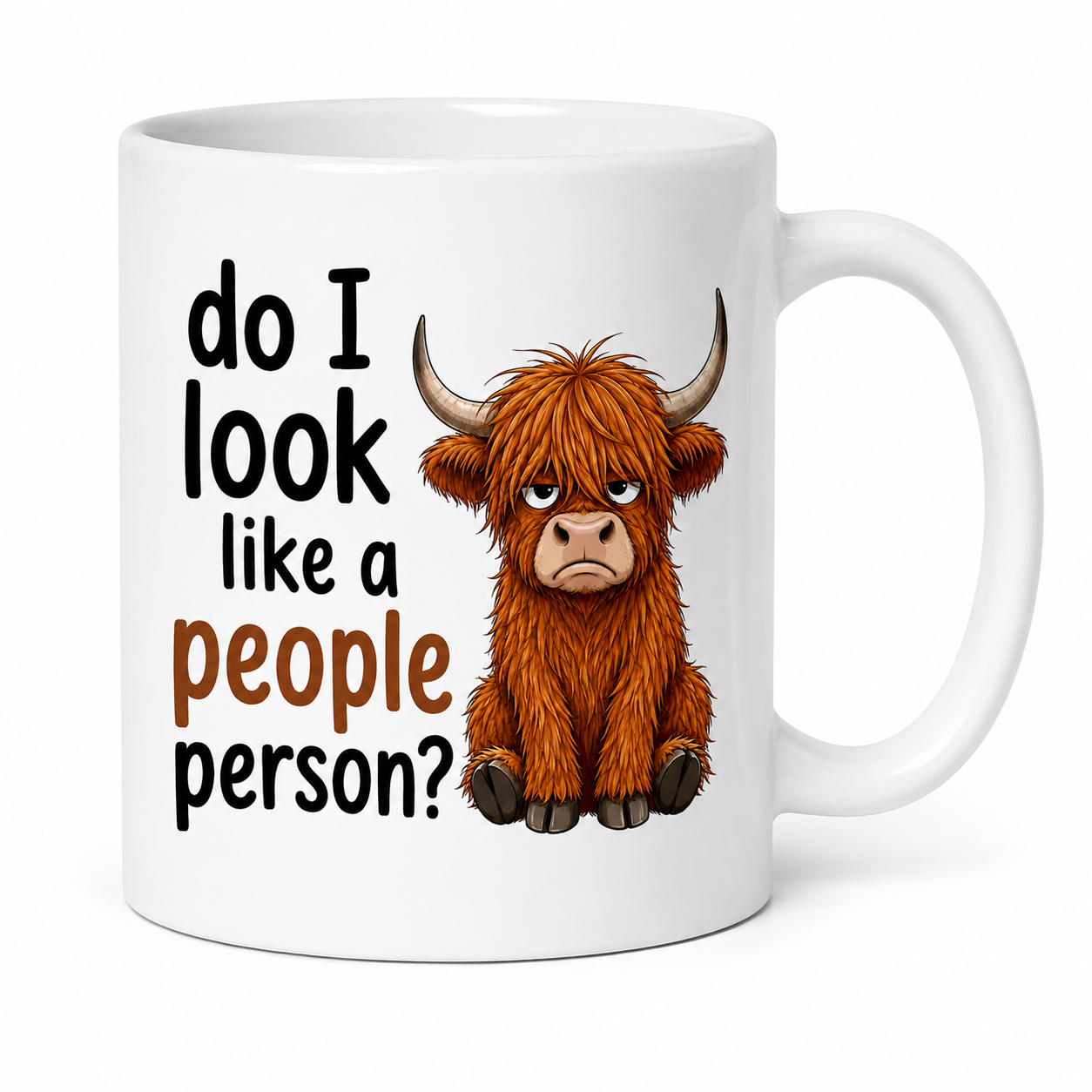Do I Look Like a People Person? Highland Cow Funny Coffee Mug | Double-Sided Design | Cow Lover Gift, 11oz mug.