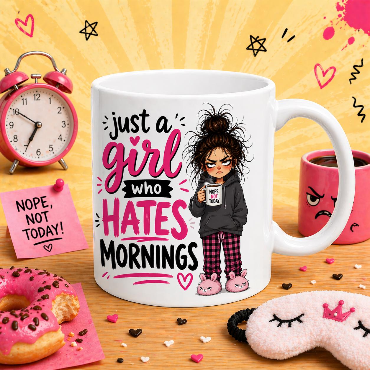 Just a girl who hates mornings, personalised, 11oz cup, funny.