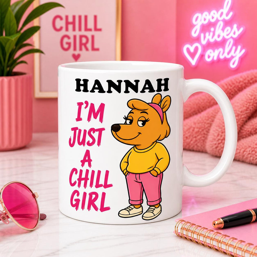 Personalised Chill Girl Mug, Novelty Gift, Pink Heart, 11oz Ceramic