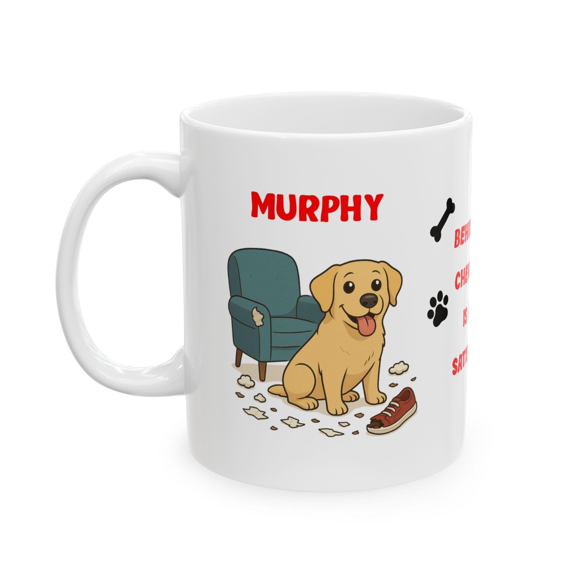 Personalised Labrador dog Mug: chewing shoes quote funny.