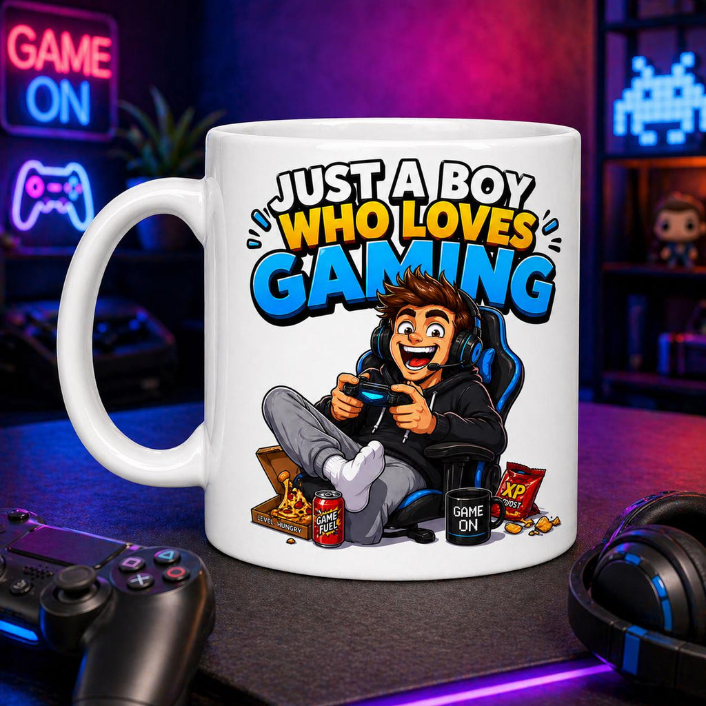 Personalised Just A Boy Who Loves Gaming Mug, Gaming Gift, 11oz Cup, Man, Him, Gamer, 11oz Ceramic
