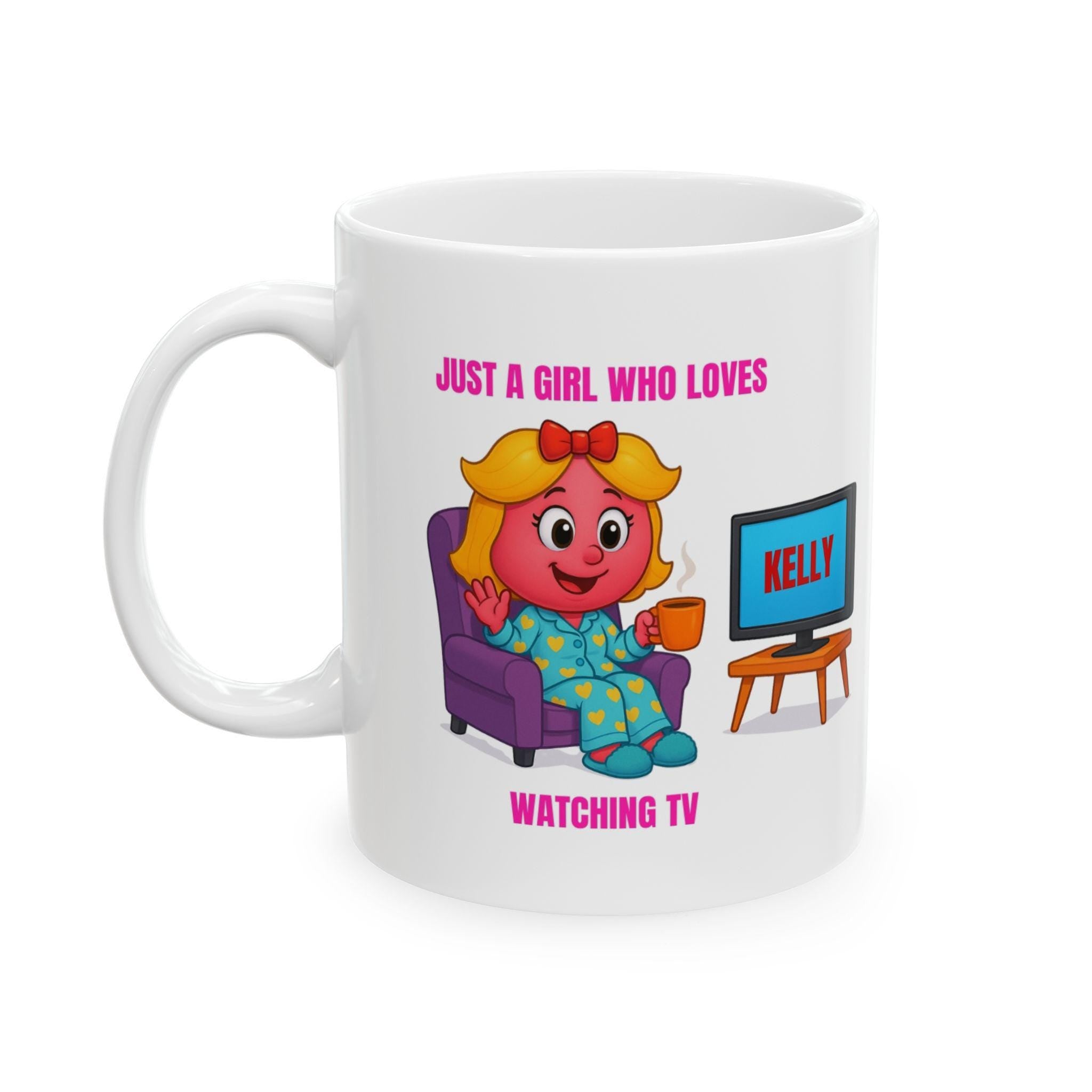 Personalised TV Watching Mug, Cartoon Girl Gift