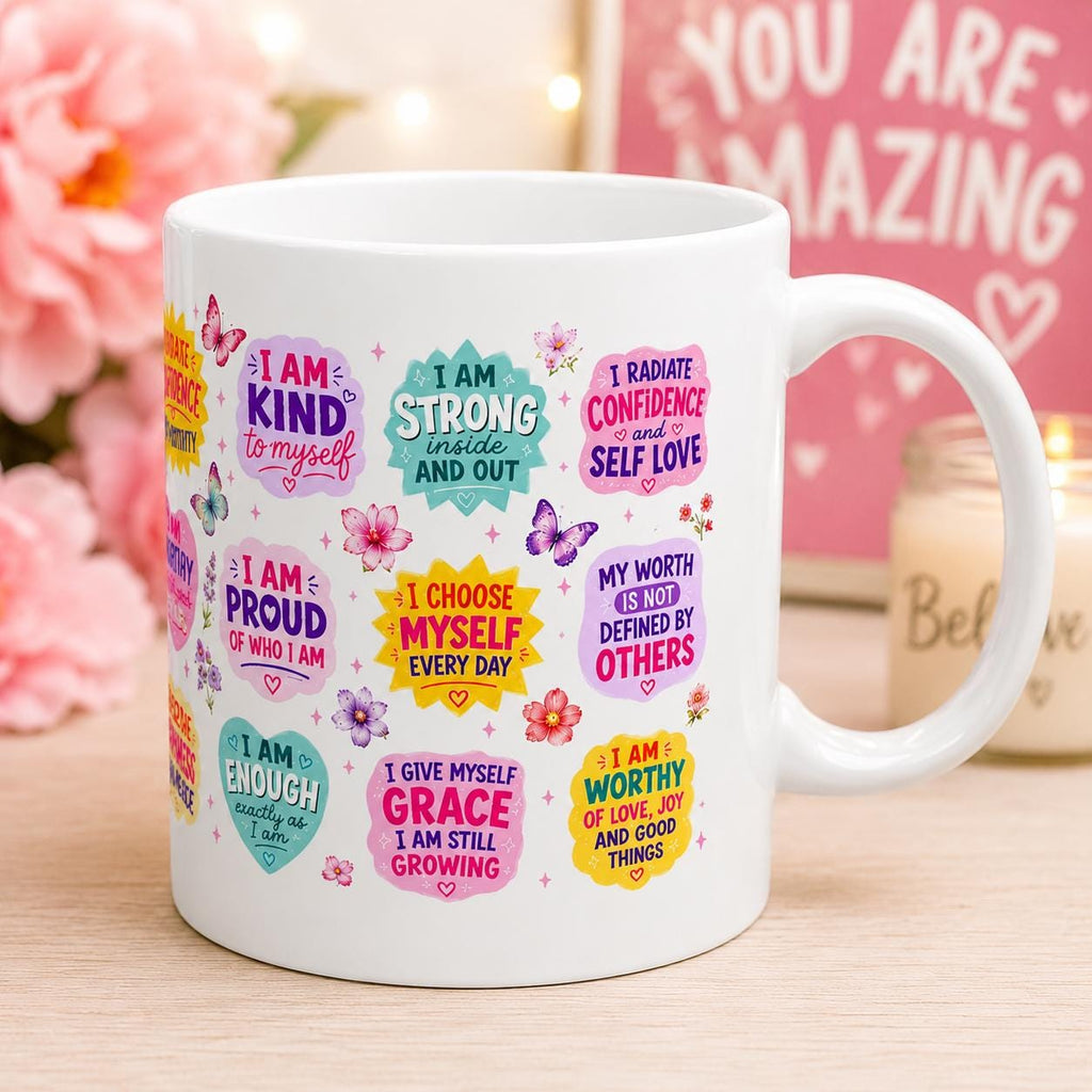 Positive affirmation mug, self love gift, motivational coffee cup, mental wellness mug, colourful inspirational mug 11oz