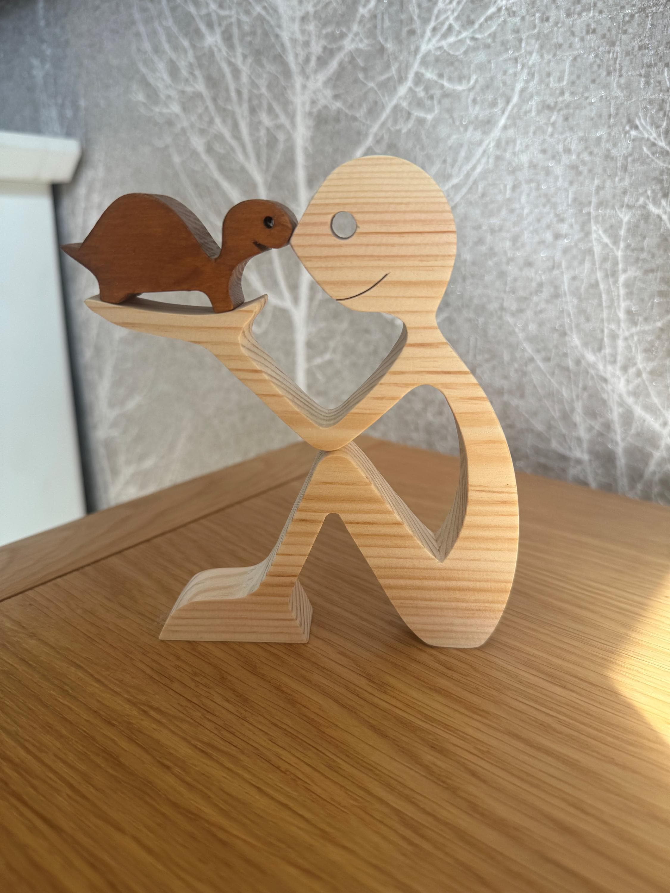 Man and Tortoise, Unique, Wooden figure, Hand made, Gift,  Craftmanship, Animal, Present