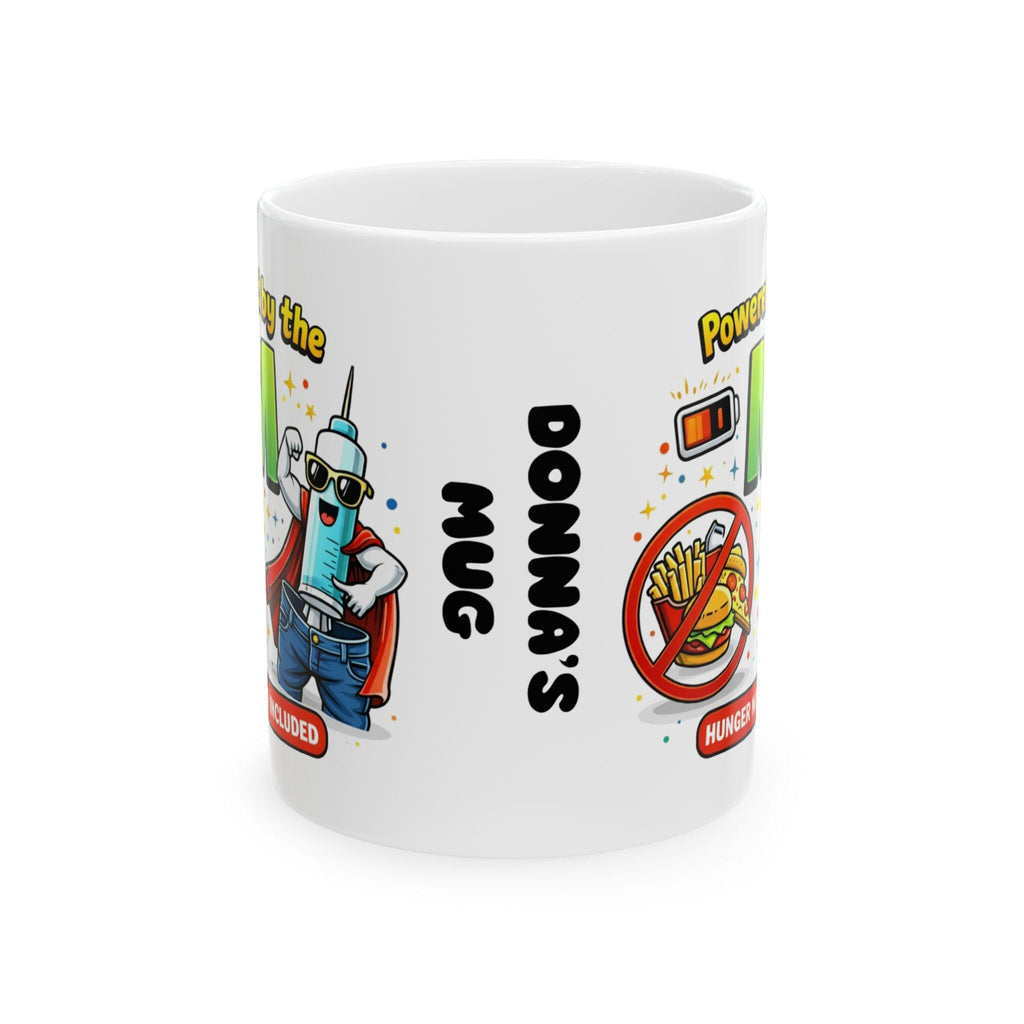 Personalised Funny Weight Loss Jab Mug, Powered By The M, 11oz Ceramic Cup