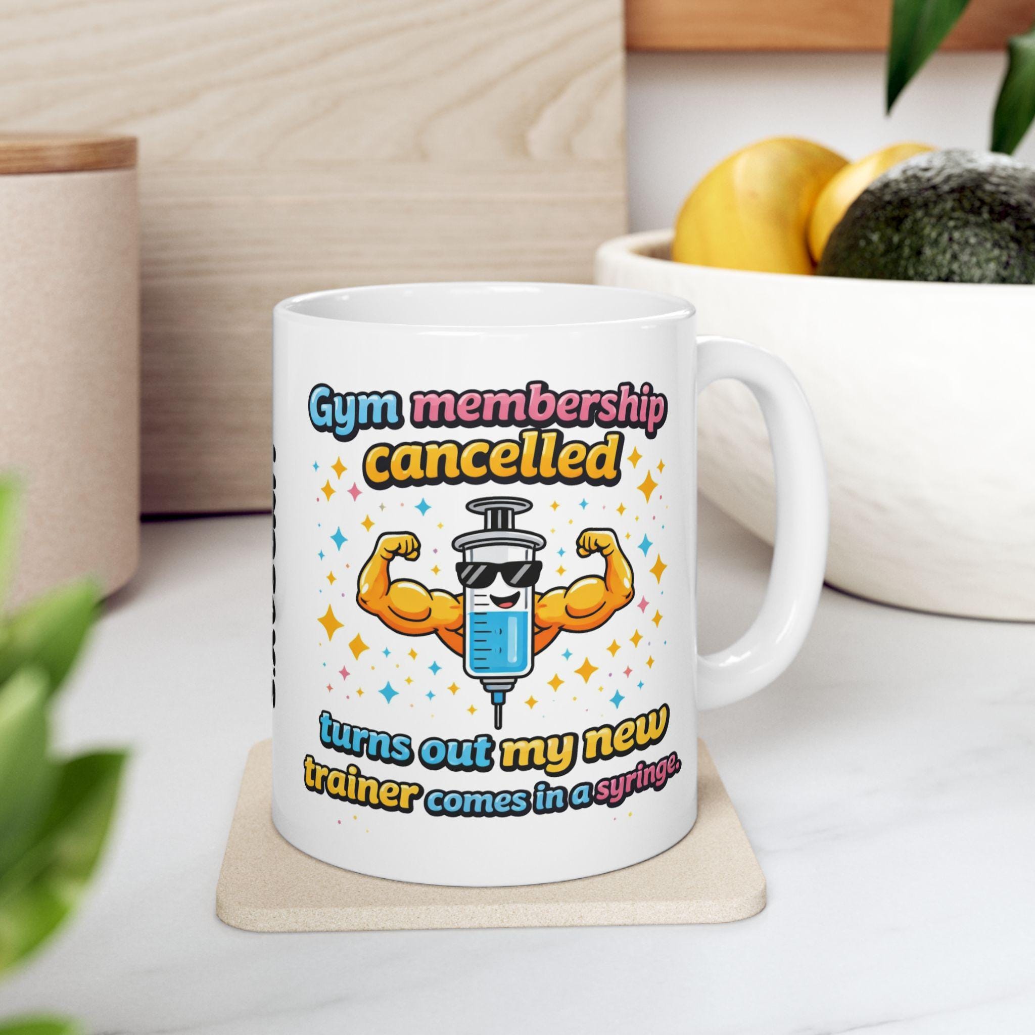 Personalised Funny Weight Loss Jab Mug, Gym Membership Cancelled, 11oz Ceramic Cup