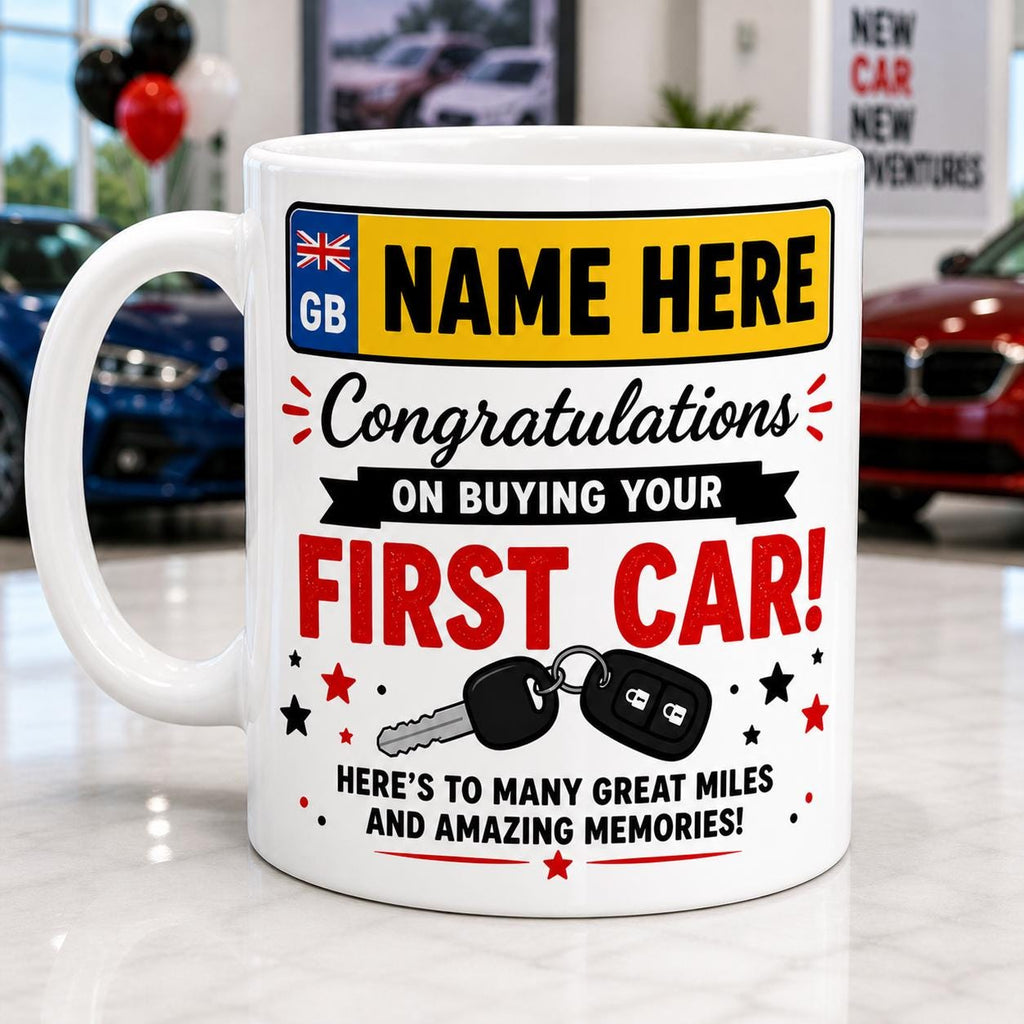 Personalised First Car Mug, Congratulations on Your New Car Gift, Custom Name Number Plate Mug, New Driver Gift, First Car Present 11oz Cup