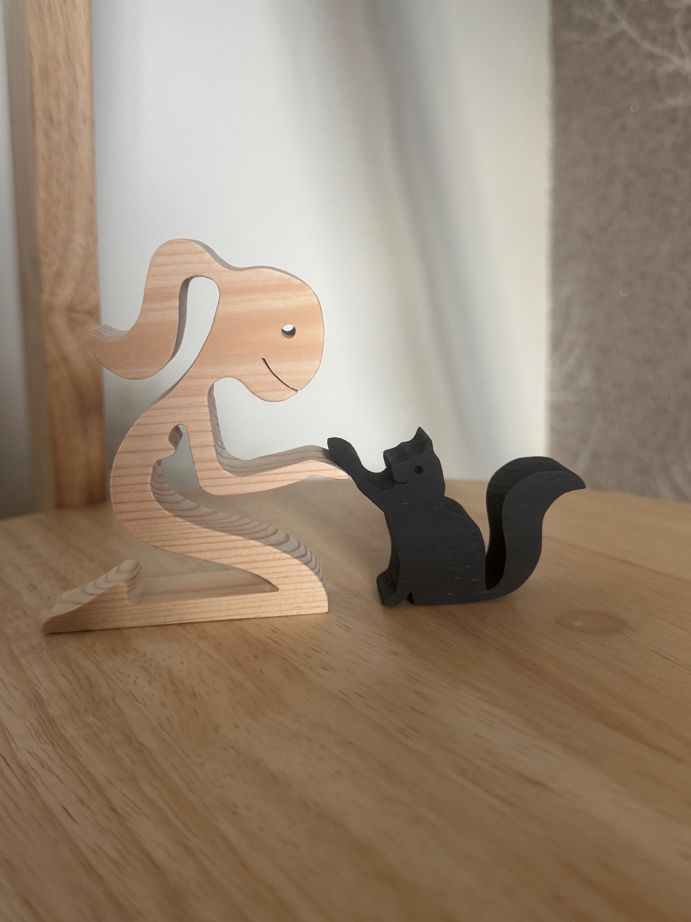 Woman and black cat Wooden sculpture, Hand made, Gift, unique, Craftmanship, Animal.