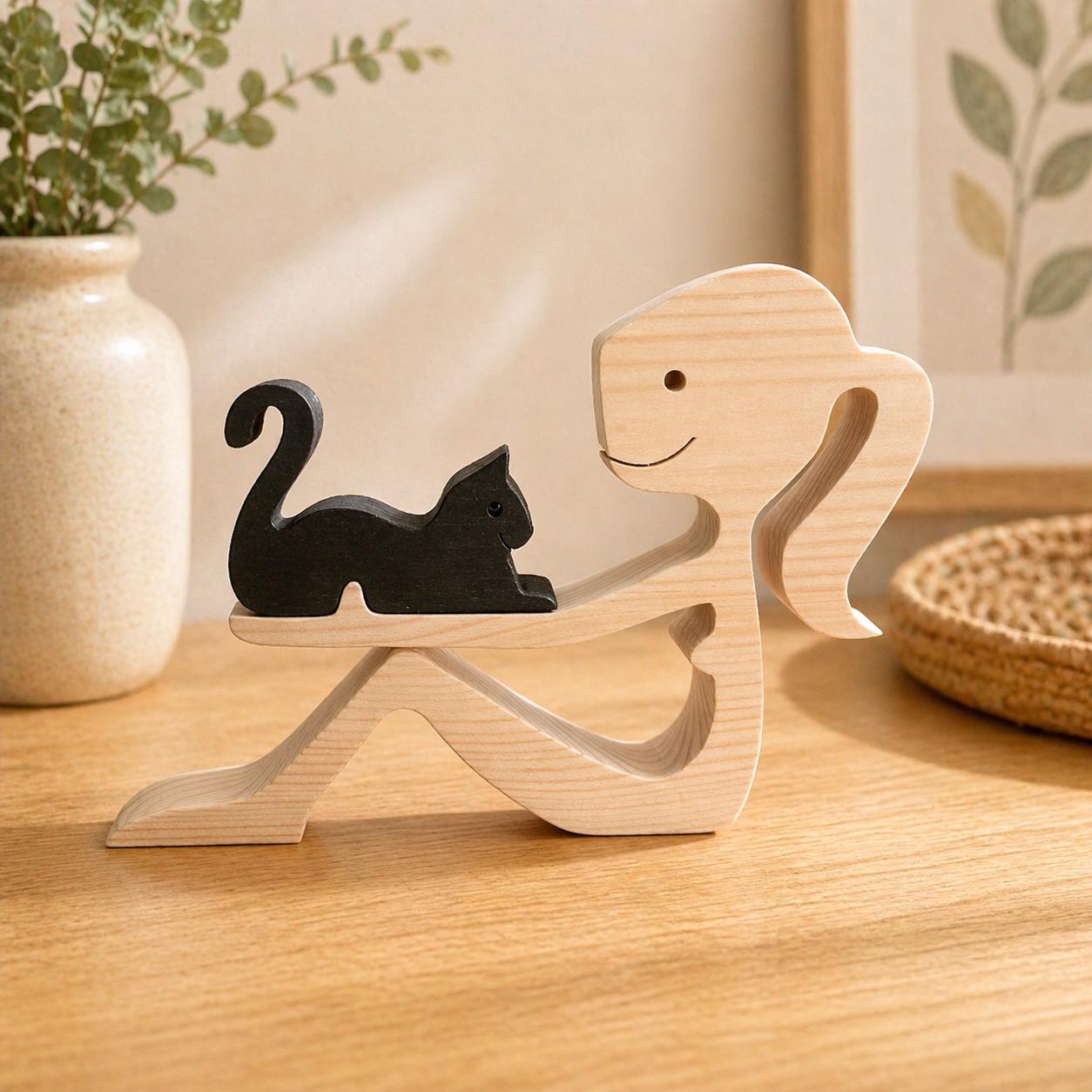 Woman and black cat wooden figure, Hand made.