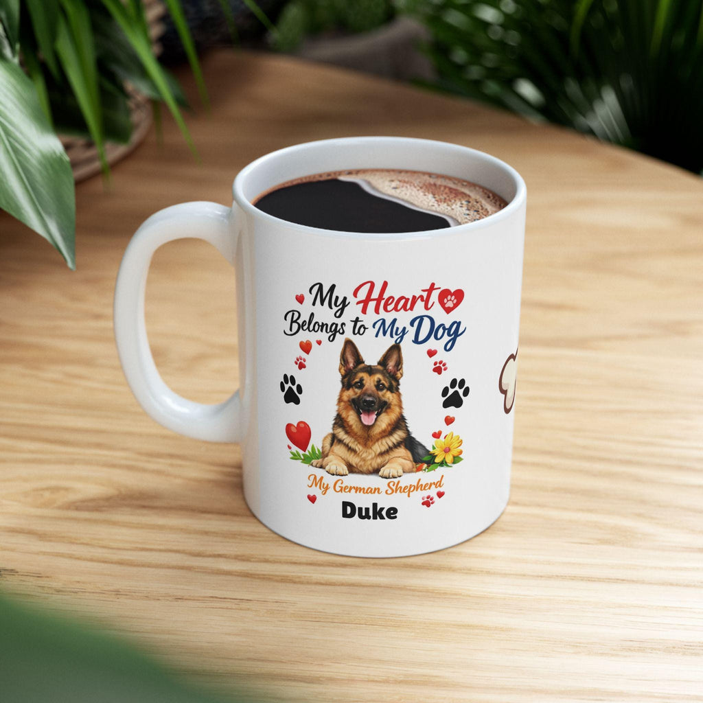 Personalised German Shepherd Dog Mug, Heart Belongs To My Dog Coffee Cup