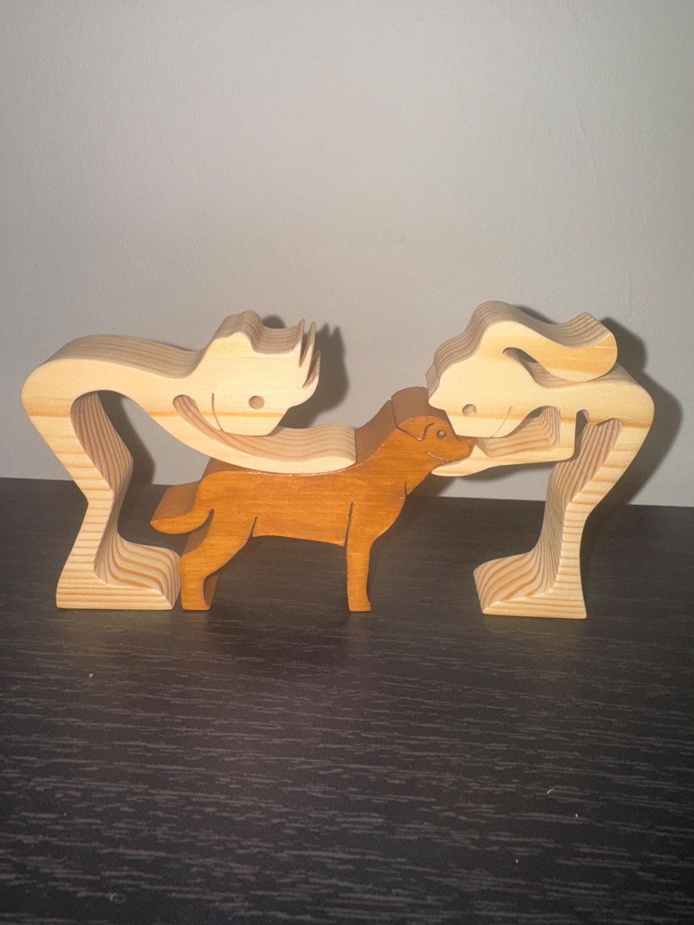 Man woman and Rottweiler wooden Sculpture, Hand made.
