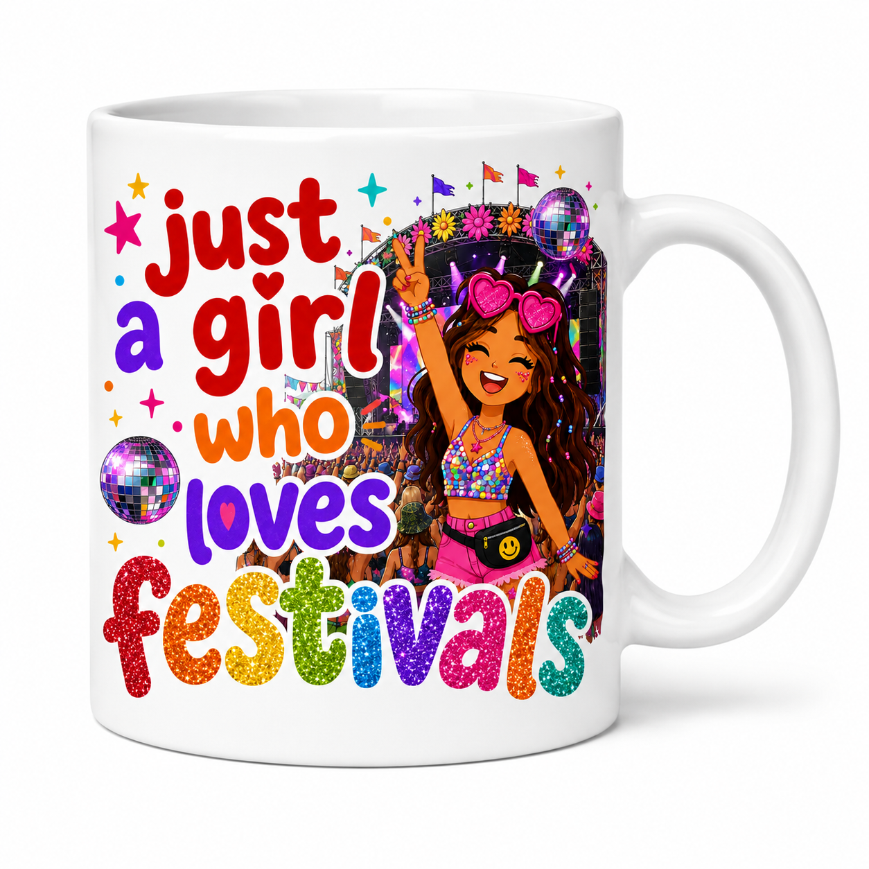 Just A Girl Who Loves Festivals Mug – Blonde or Brown Hair Option – Festival Lover Gift – Colourful Glitter Style Coffee Mug – Music Festival Cup, 11oz