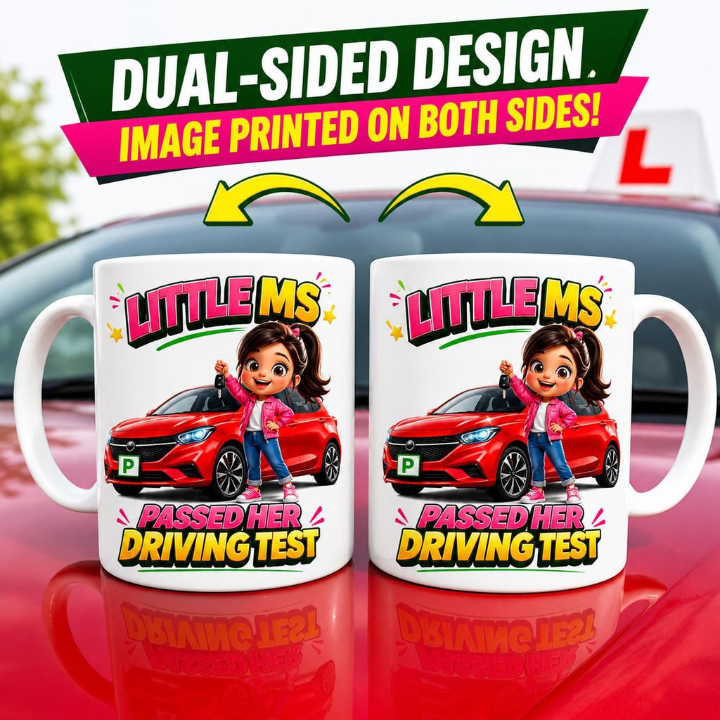 Personalised Passed Driving Test Celebration Mug: Little Ms New Driver Gift, Cute, 11oz Ceramic, Miss, Mrs, Her