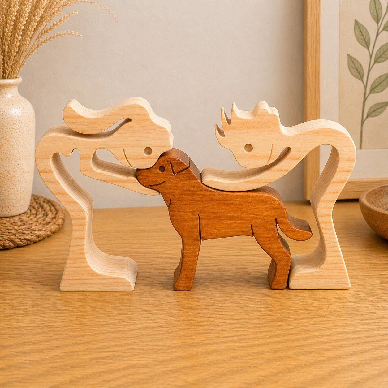 Man woman and Rottweiler wooden Sculpture, Hand made.