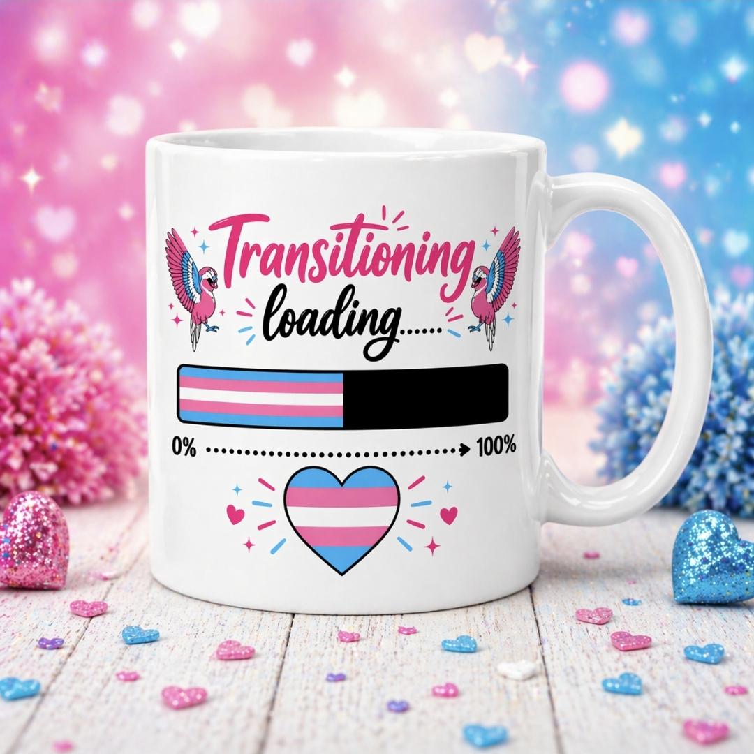 LGBT Transitioning Loading Ceramic Coffee Mug, Dual-Sided Design, Transgender Pride Theme, White, 11oz