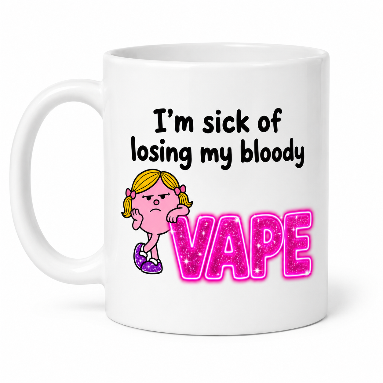 I’m Sick of Losing My Bloody Vape Mug | Funny Double-Sided Vape Mug | Novelty Coffee Cup | Gift for Vapers | Sarcastic Tea Mug | Pink Glitter Design, 11oz mug.