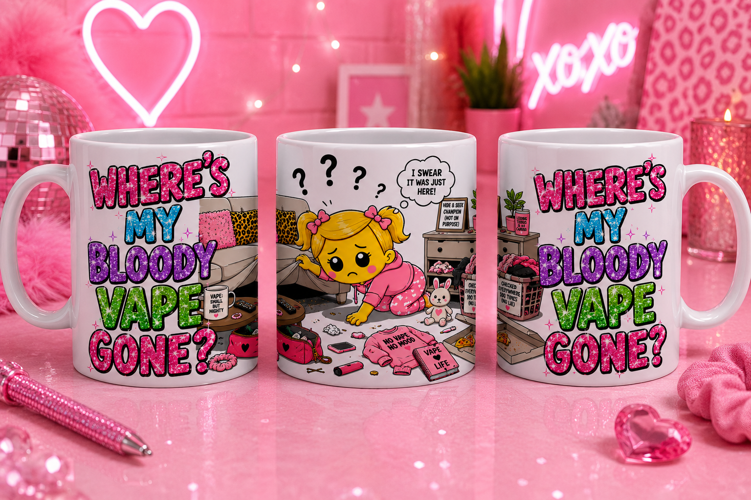 Where’s My Bloody Vape Gone? Glitter Cartoon Mug | Funny Pink Coffee Mug | Gift for Vape Lovers, 11oz mug.