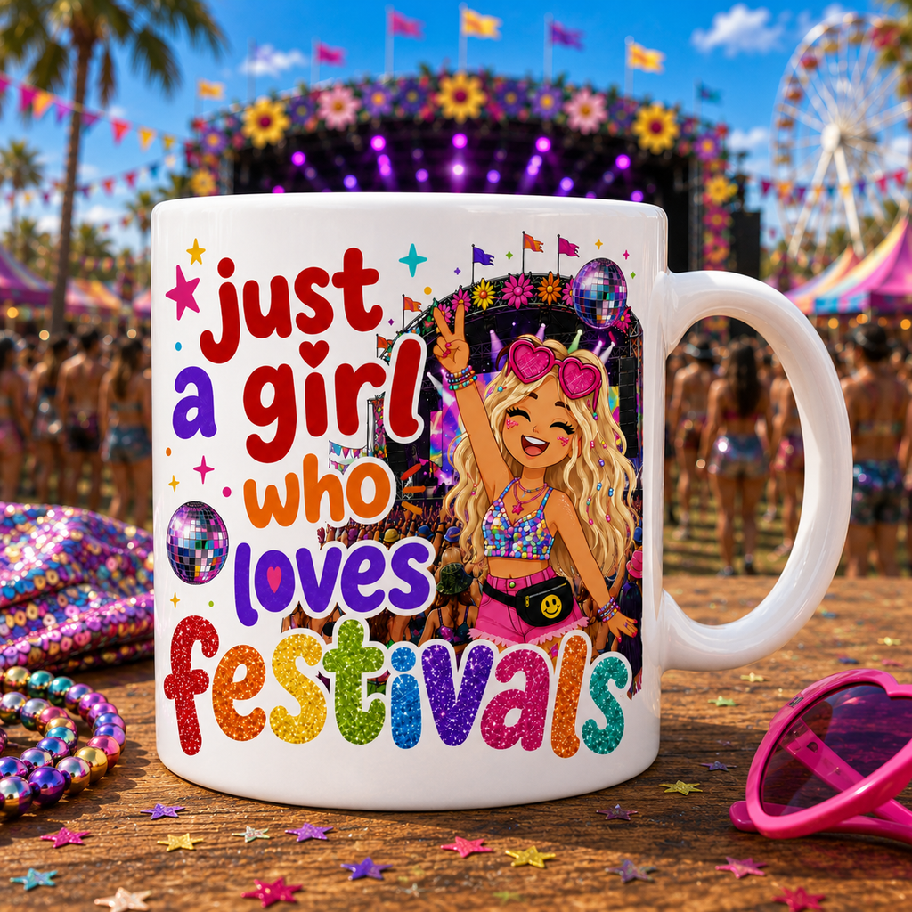 Just A Girl Who Loves Festivals Mug – Blonde or Brown Hair Option – Festival Lover Gift – Colourful Glitter Style Coffee Mug – Music Festival Cup, 11oz