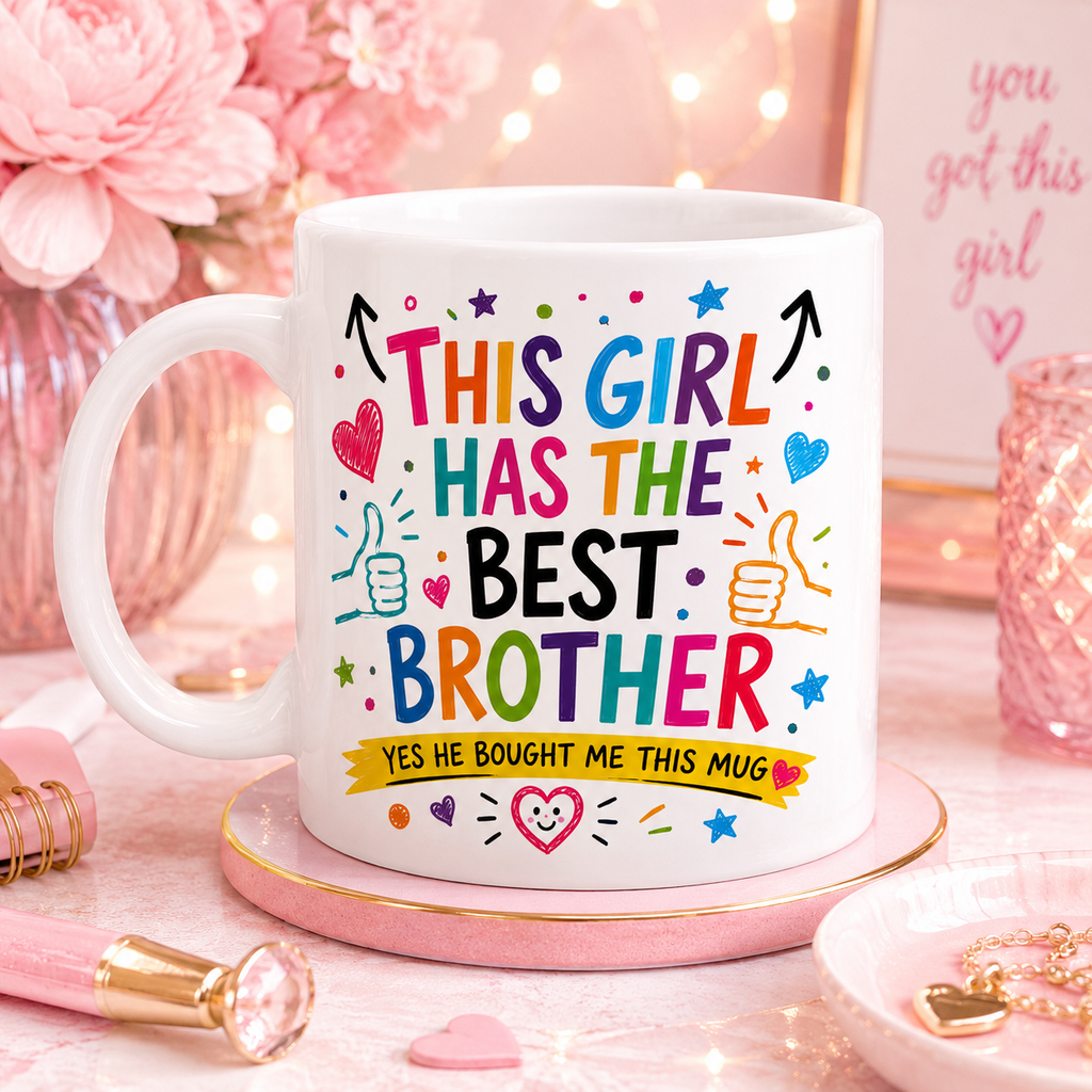 Funny Brother Mug – “This Girl Has The Best Brother” Mug – Cute Sister Gift from Brother – Colourful Coffee Cup, personalised, 11oz