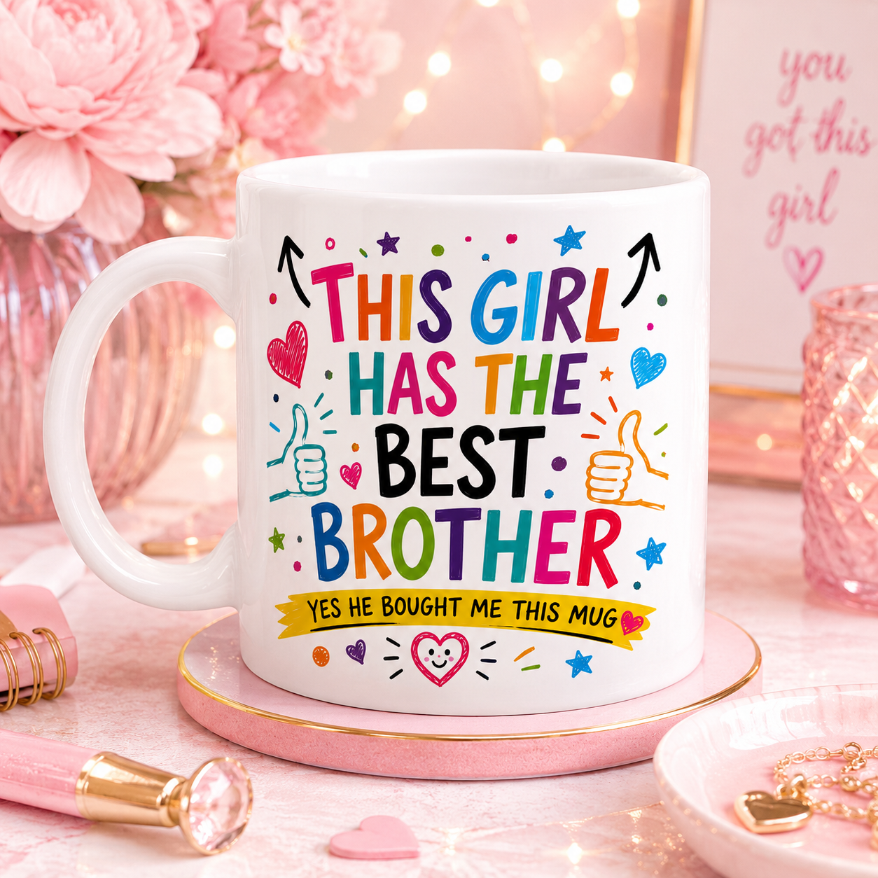 Funny Brother Mug – “This Girl Has The Best Brother” Mug – Cute Sister Gift from Brother – Colourful Coffee Cup, personalised, 11oz