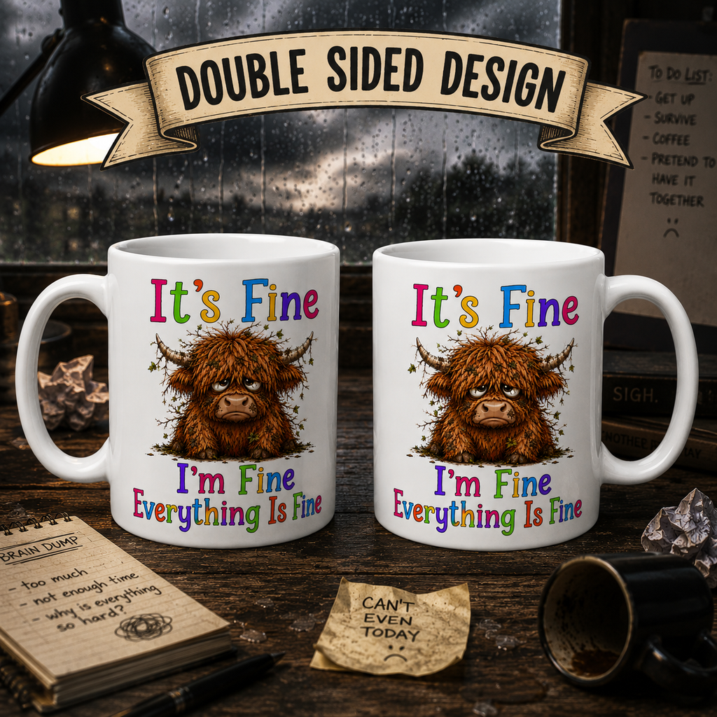 Personalised Name Highland Cow Mug, Sarcastic "It's Fine" Quote, Anxious Cow Ceramic Cup, 11oz