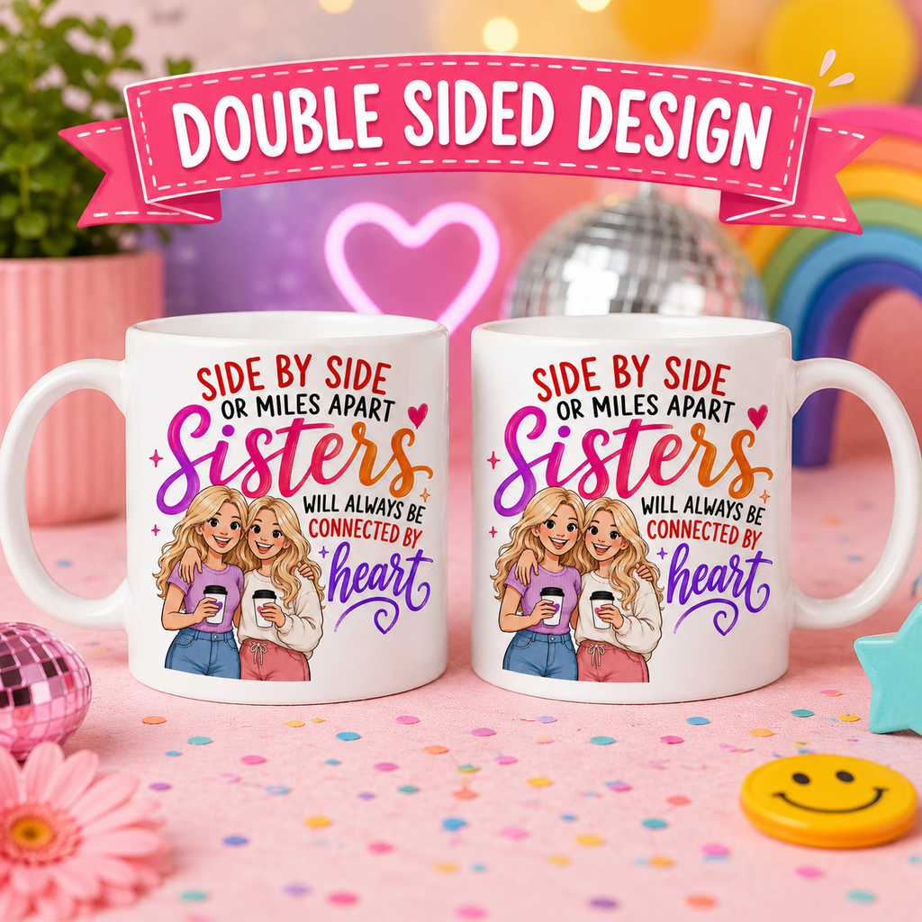 Sisters Mug Gift - Side by Side or Miles Apart Sisters Will Always be connected by heart, personalised, 11oz mug.