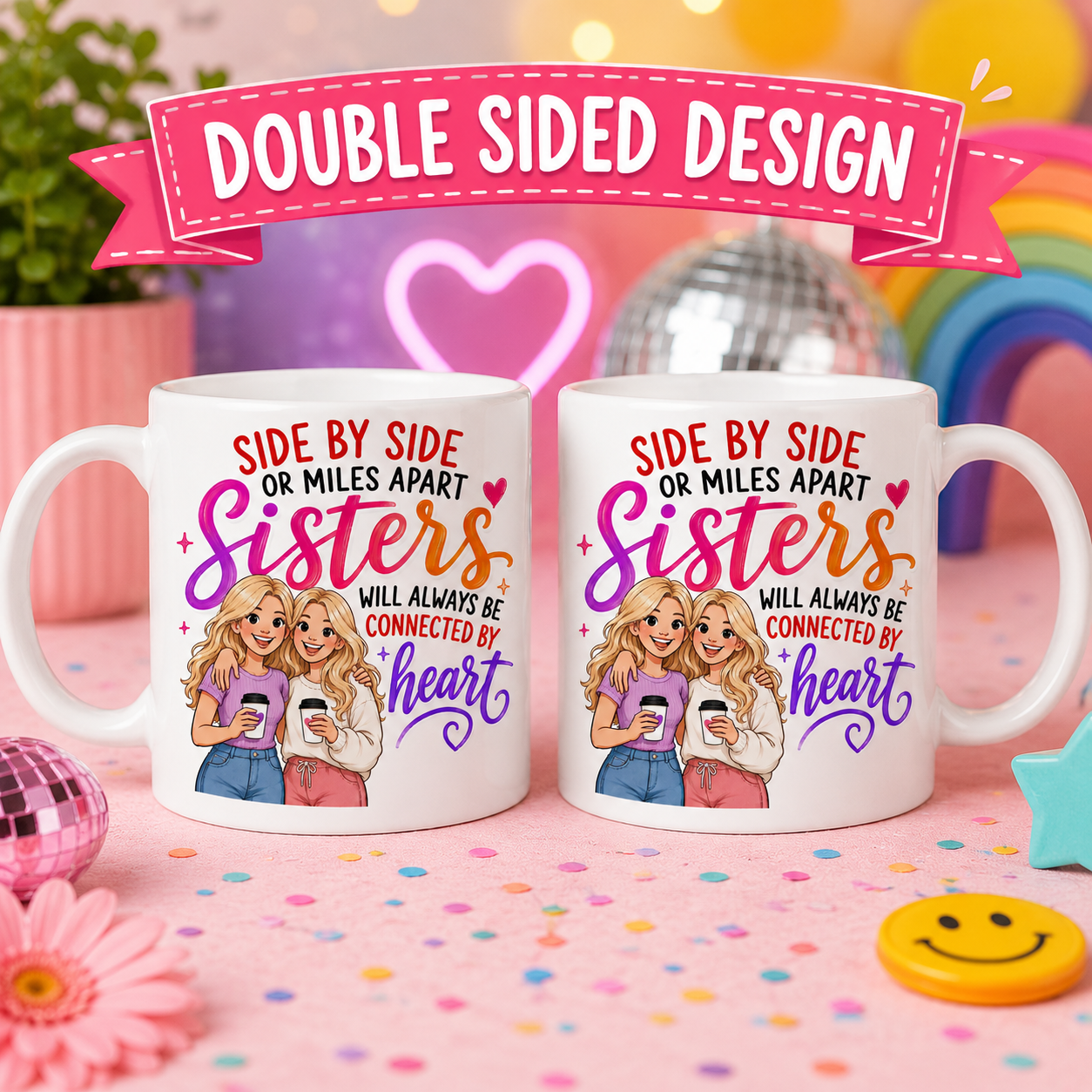 Sisters Mug Gift - Side by Side or Miles Apart Sisters Will Always be connected by heart, personalised, 11oz mug.