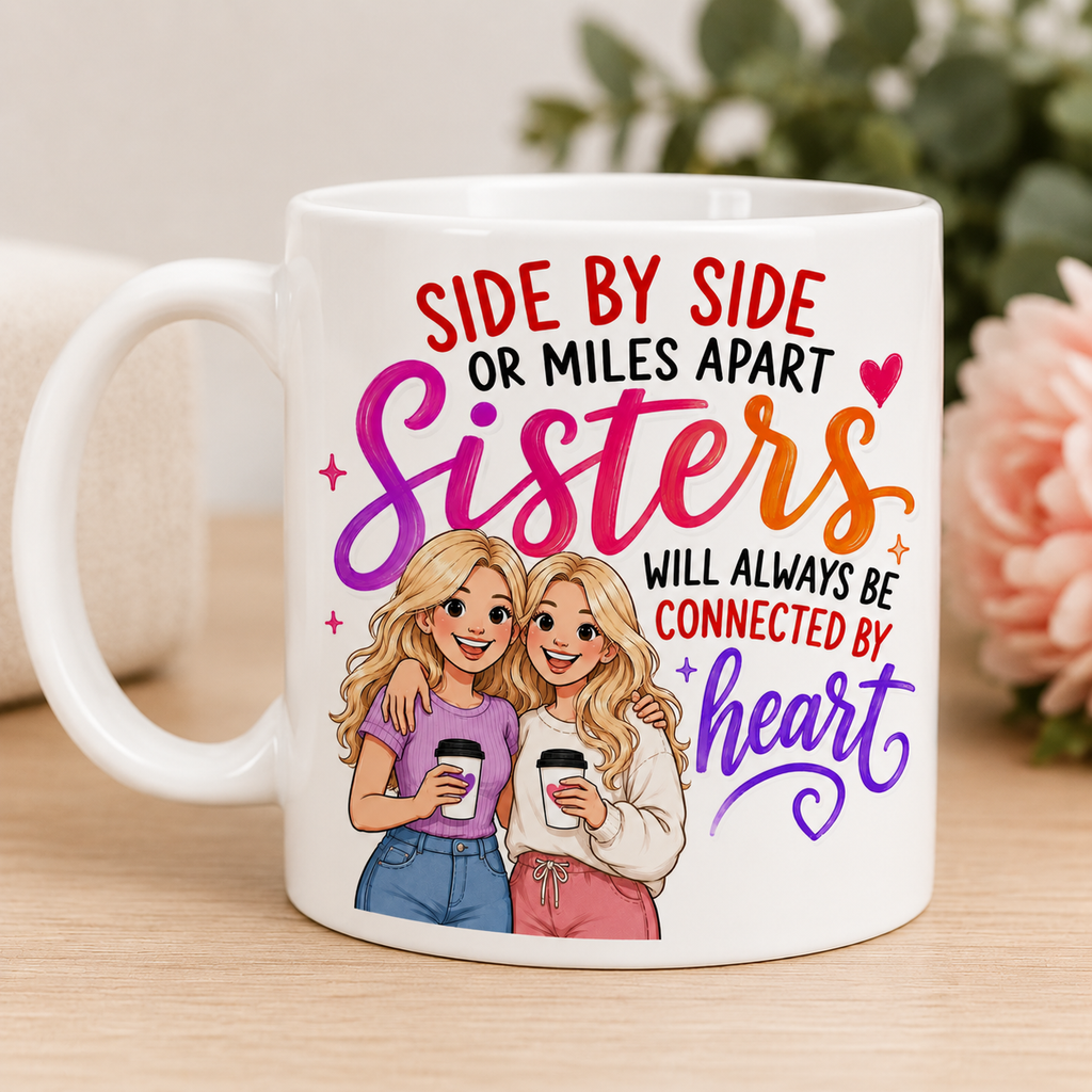 Sisters Mug Gift - Side by Side or Miles Apart Sisters Will Always be connected by heart, personalised, 11oz mug.