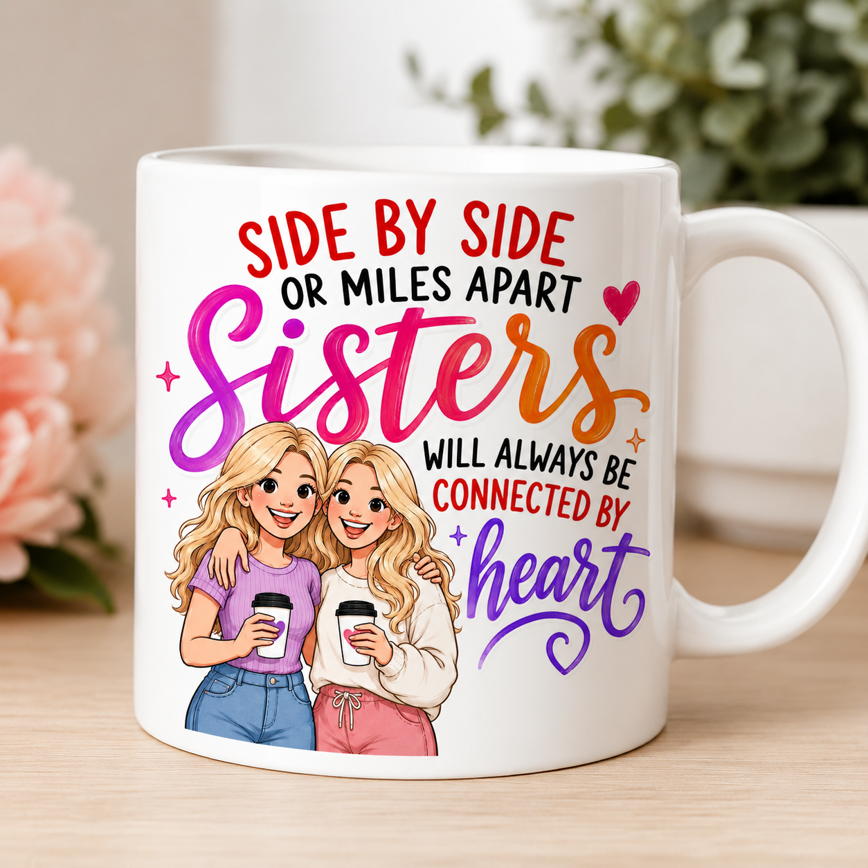 Sisters Mug Gift - Side by Side or Miles Apart Sisters Will Always be connected by heart, personalised, 11oz mug.