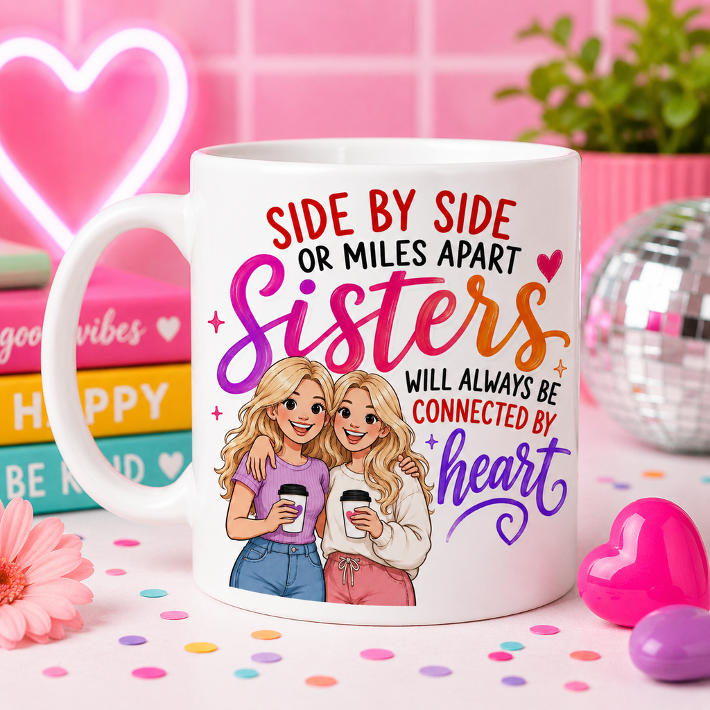 Sisters Mug Gift - Side by Side or Miles Apart Sisters Will Always be connected by heart, personalised, 11oz mug.