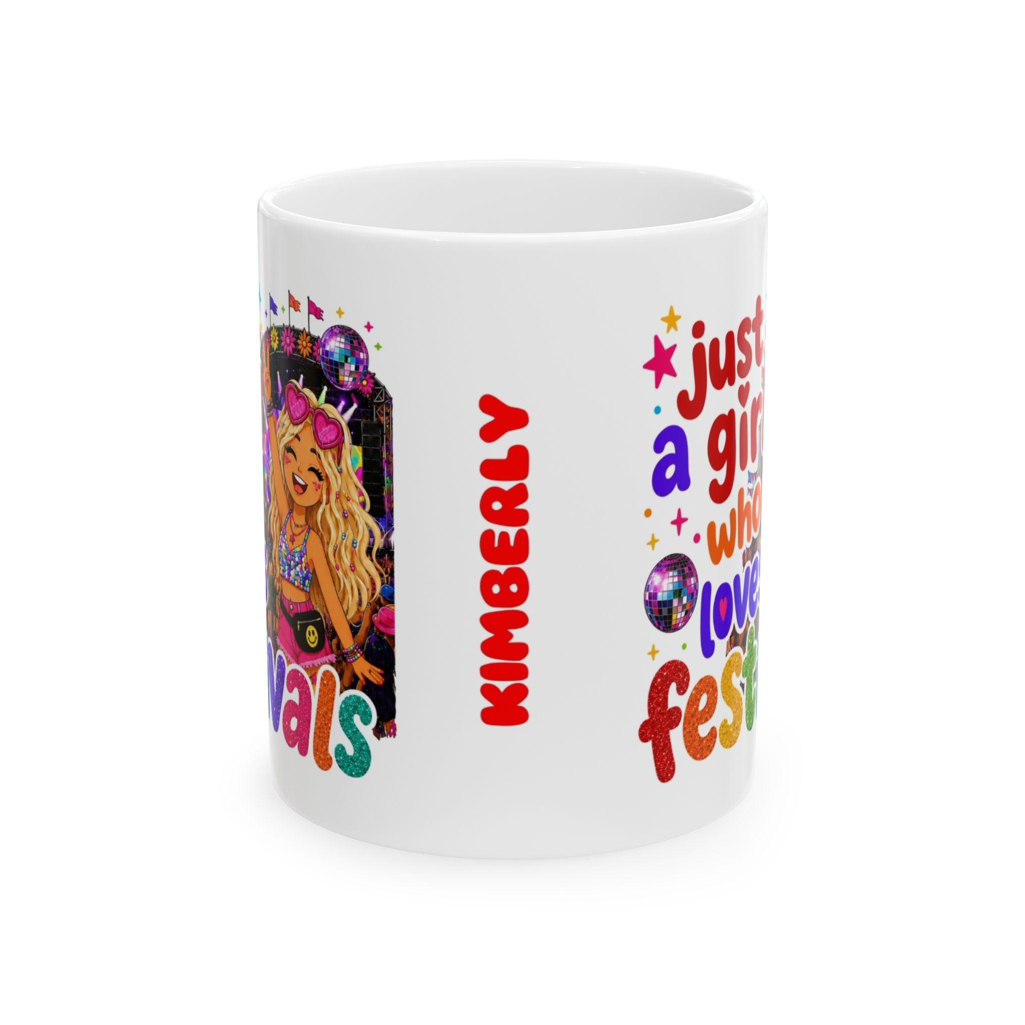 Just A Girl Who Loves Festivals Mug – Blonde or Brown Hair Option – Festival Lover Gift – Colourful Glitter Style Coffee Mug – Music Festival Cup, 11oz
