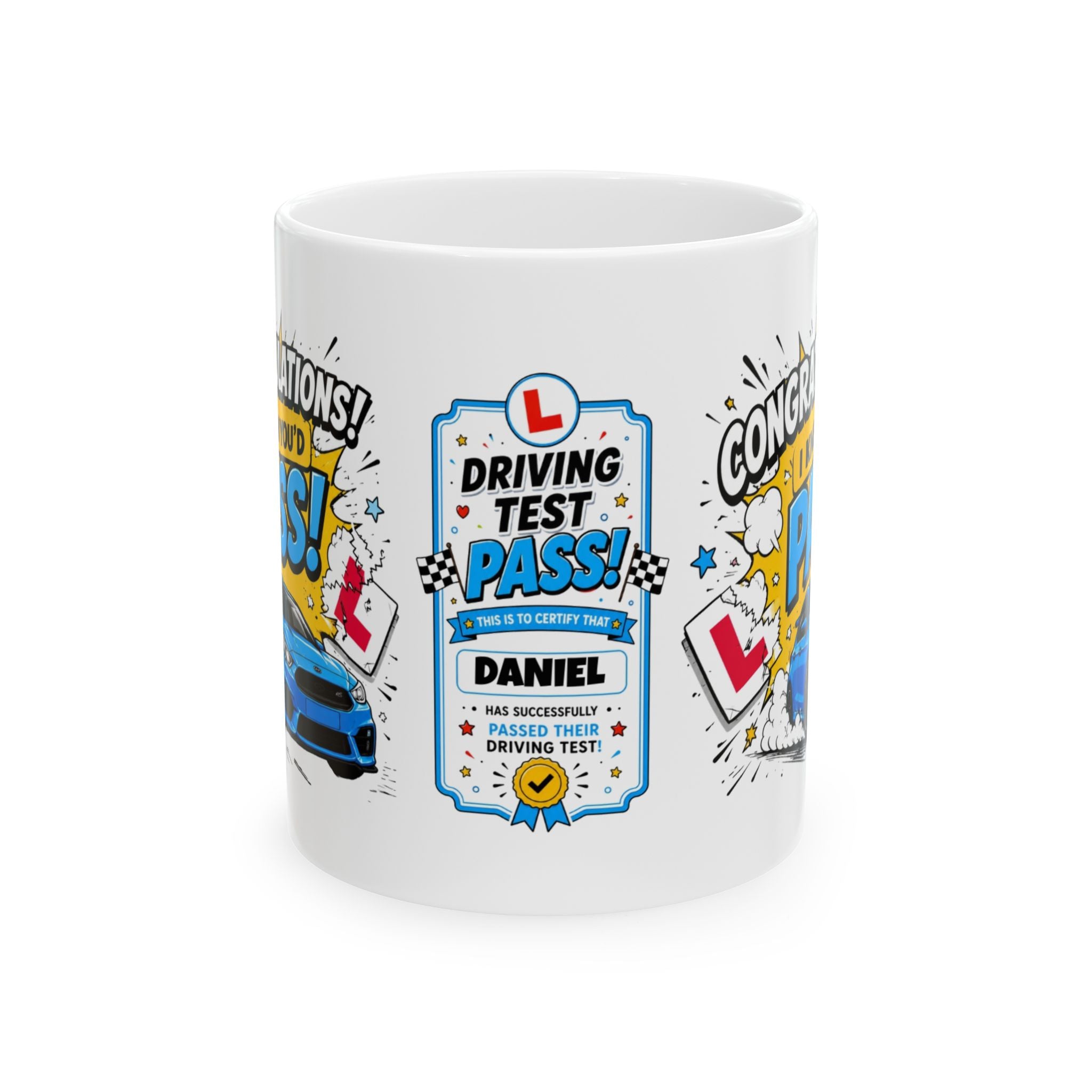 Personalised Driving Test Pass Mug – Blue Sports Car Design – Congratulations New Driver Gift – Funny Learner Driver Cup, Him, Son, Brother 11oz