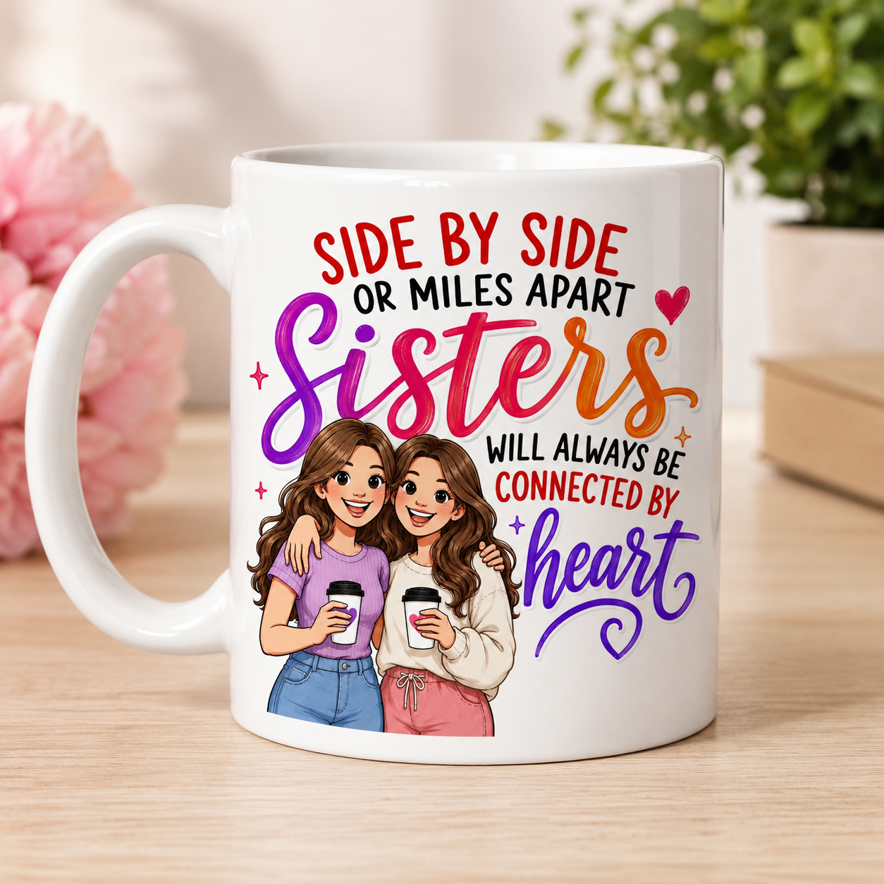 Sisters Mug Gift - Side by Side or Miles Apart Sisters Will Always be connected by heart, personalised, 11oz mug.