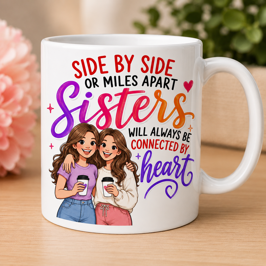 Sisters Mug Gift - Side by Side or Miles Apart Sisters Will Always be connected by heart, personalised, 11oz mug.