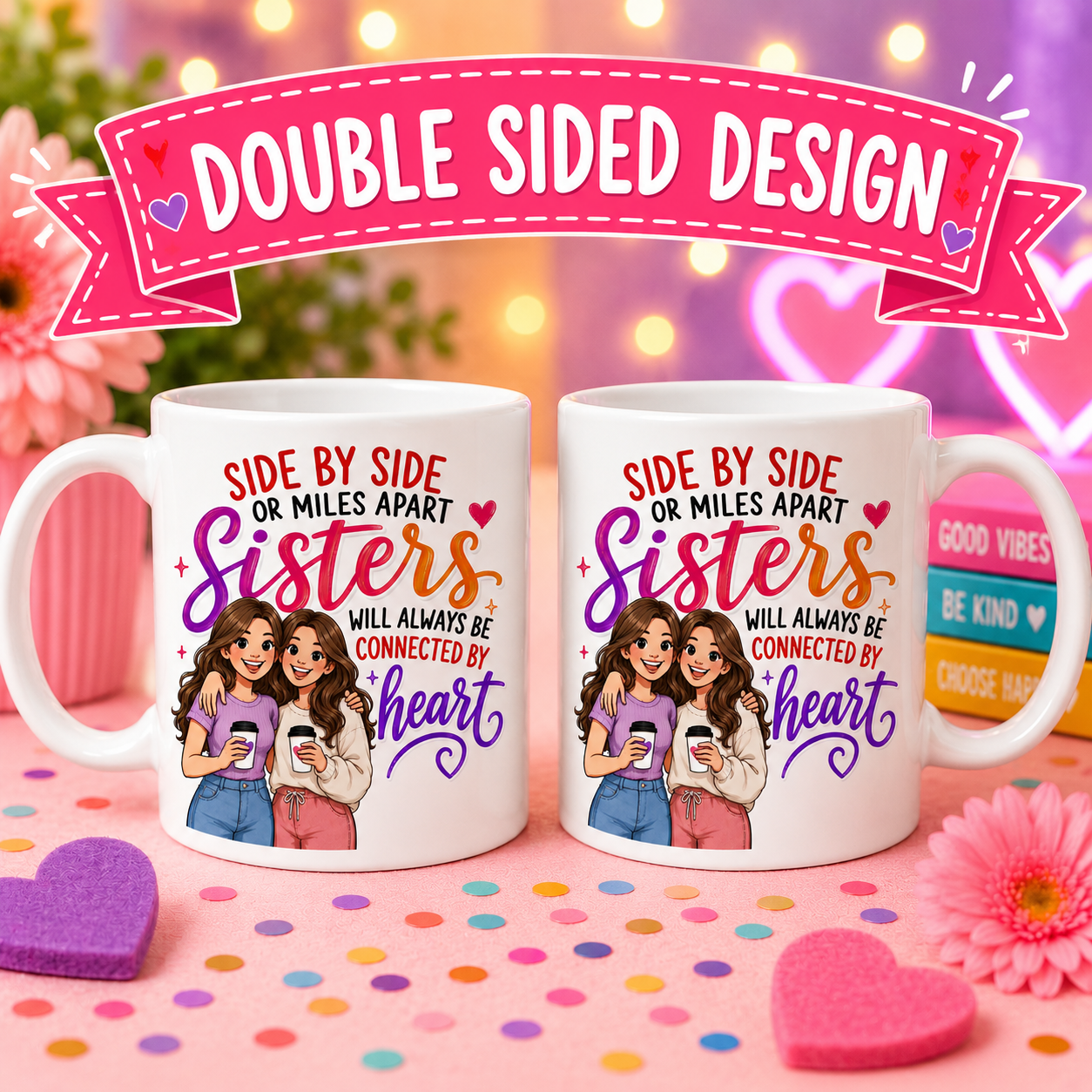 Sisters Mug Gift - Side by Side or Miles Apart Sisters Will Always be connected by heart, personalised, 11oz mug.