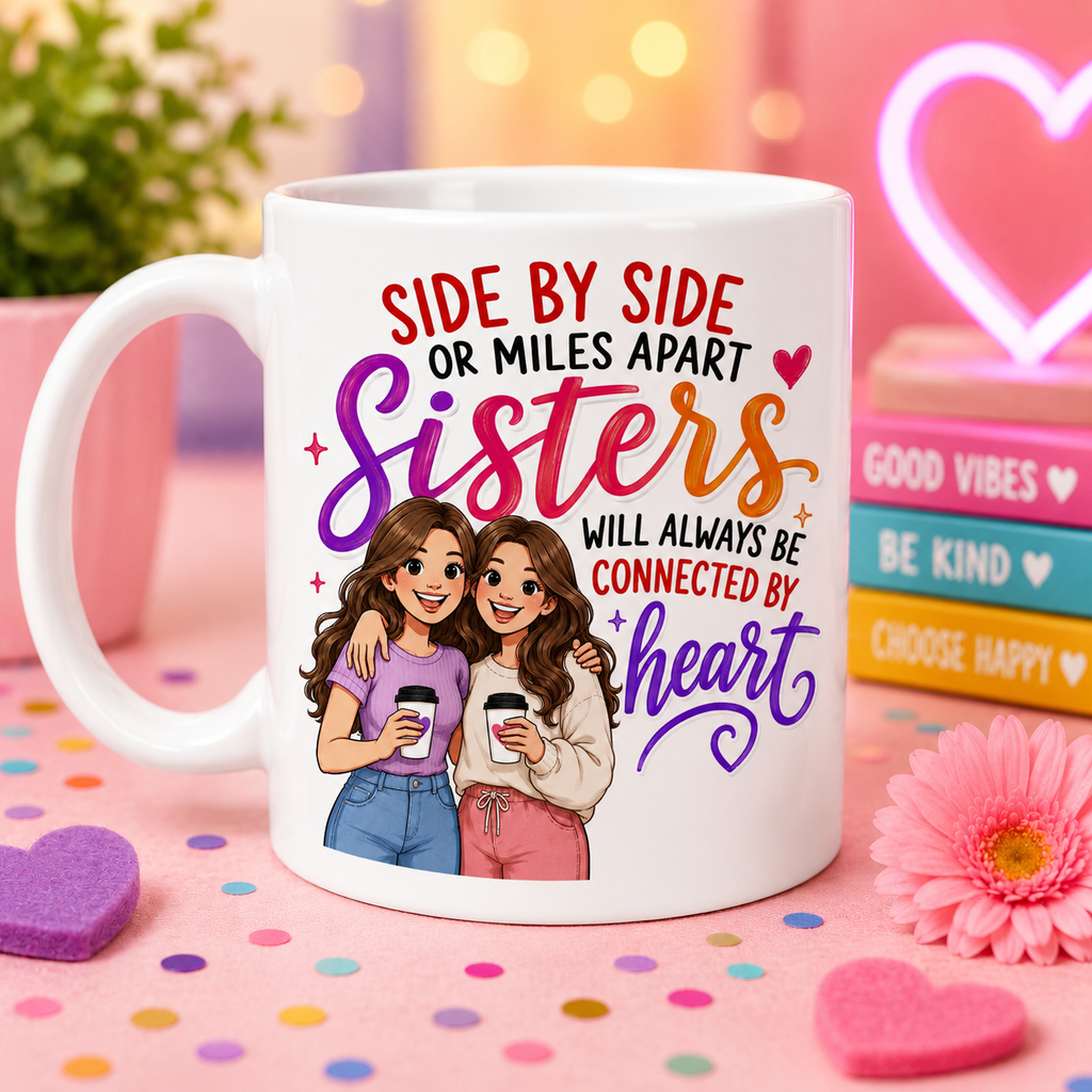 Sisters Mug Gift - Side by Side or Miles Apart Sisters Will Always be connected by heart, personalised, 11oz mug.