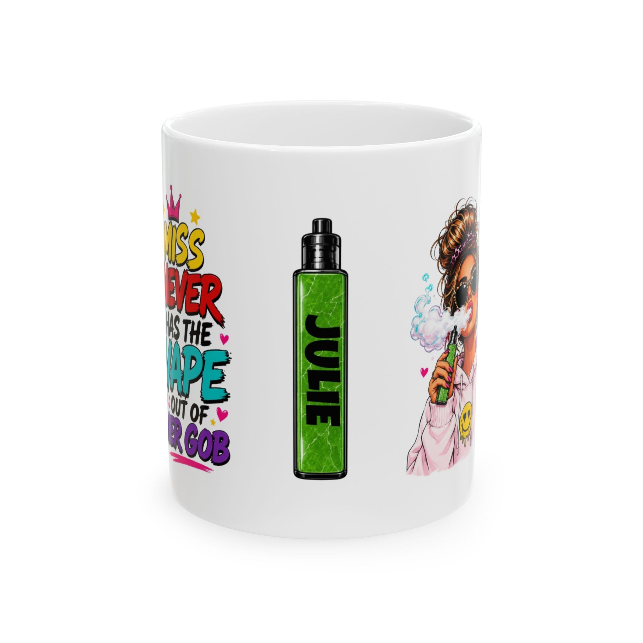 Personalised Miss Never Has The Vape Out Of Her Gob Mug – Funny Vape Girl Mug – Brown or Blonde Hair Option – Novelty Gift for Vapers – Funny Coffee Cup 11oz
