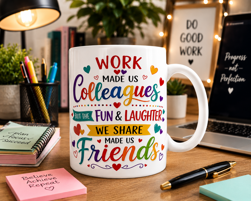 Work made us colleagues mug, personalised, co-worker leaving gift, 11oz