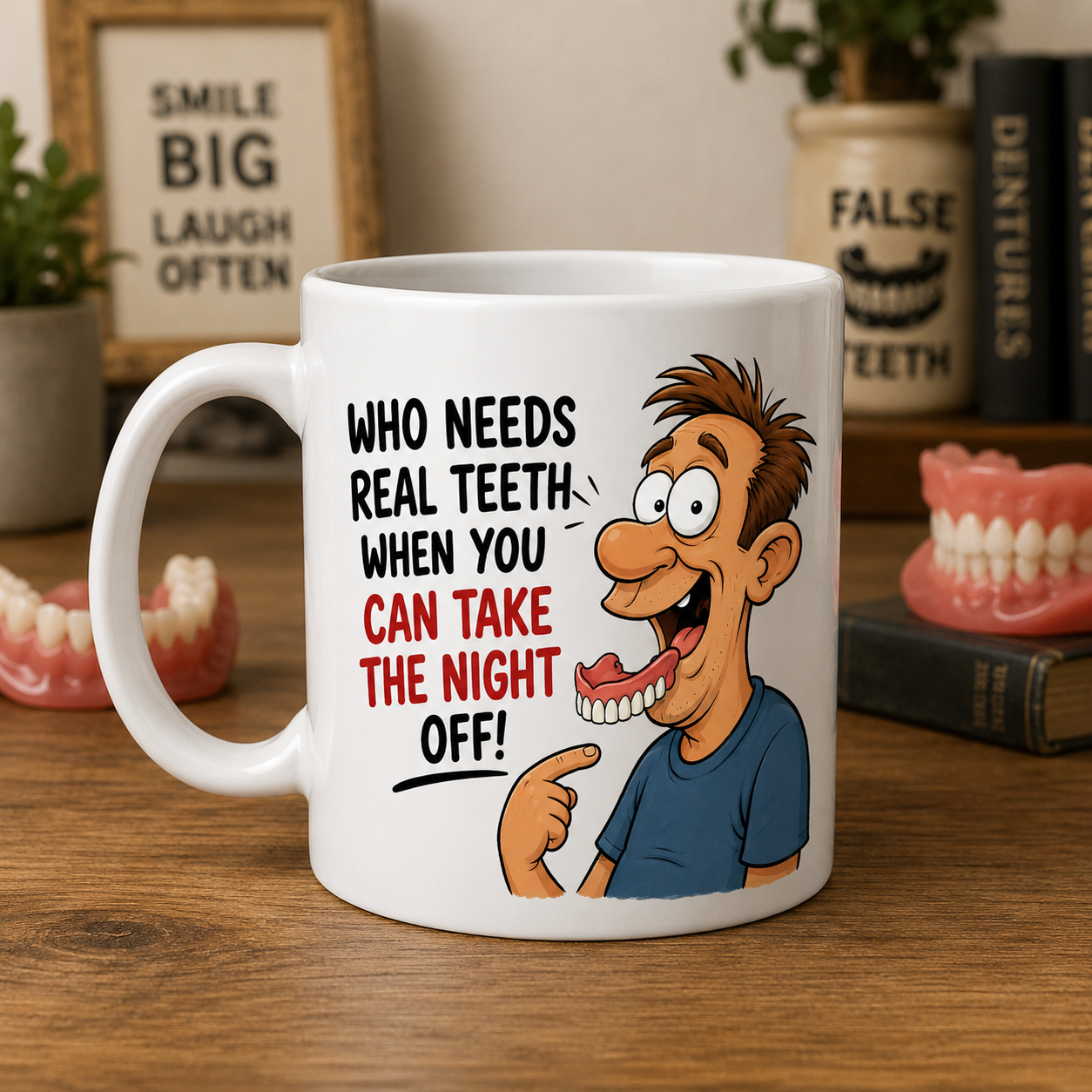 Personalised Funny False Teeth Mug – Double Sided Denture Cartoon Coffee Cup | Novelty Gift for Denture Wearers, 11oz mug