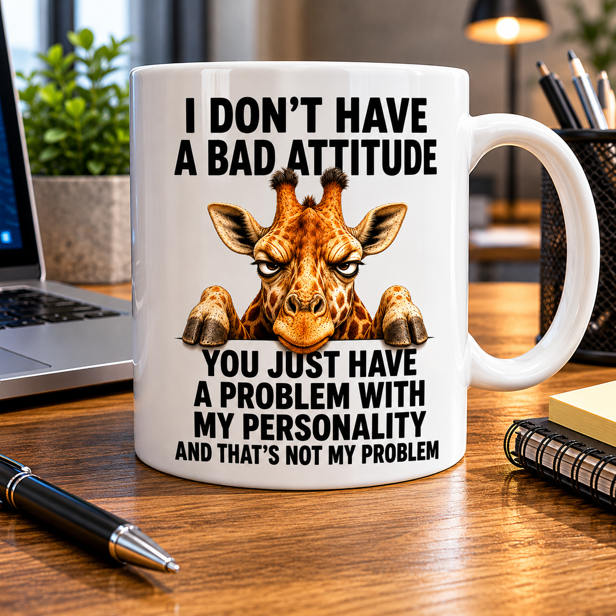 Grumpy Giraffe funny coffee mug, i don't have a bad attitude, double sided mug, 11oz.