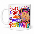 Just A Girl Who Loves Festivals Mug – Blonde or Brown Hair Option – Festival Lover Gift – Colourful Glitter Style Coffee Mug – Music Festival Cup, 11oz