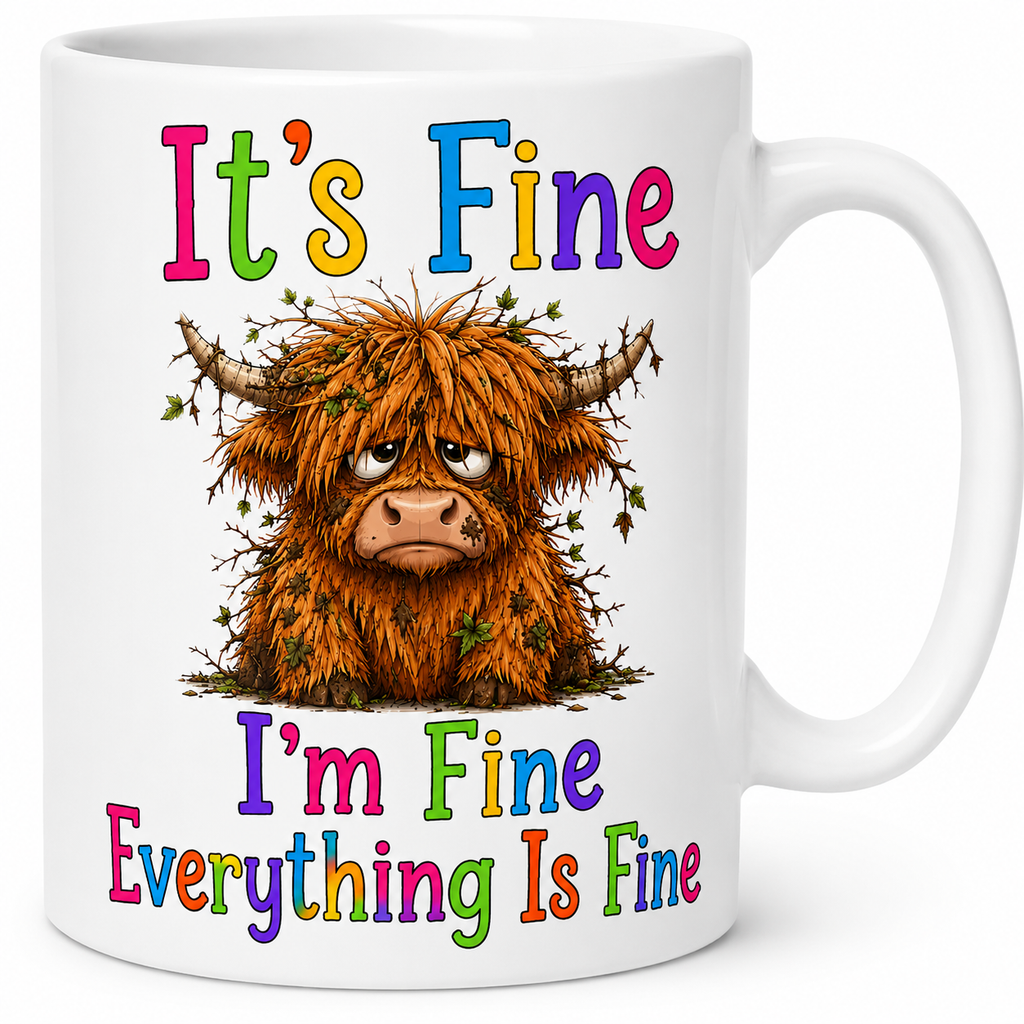 Personalised Name Highland Cow Mug, Sarcastic "It's Fine" Quote, Anxious Cow Ceramic Cup, 11oz